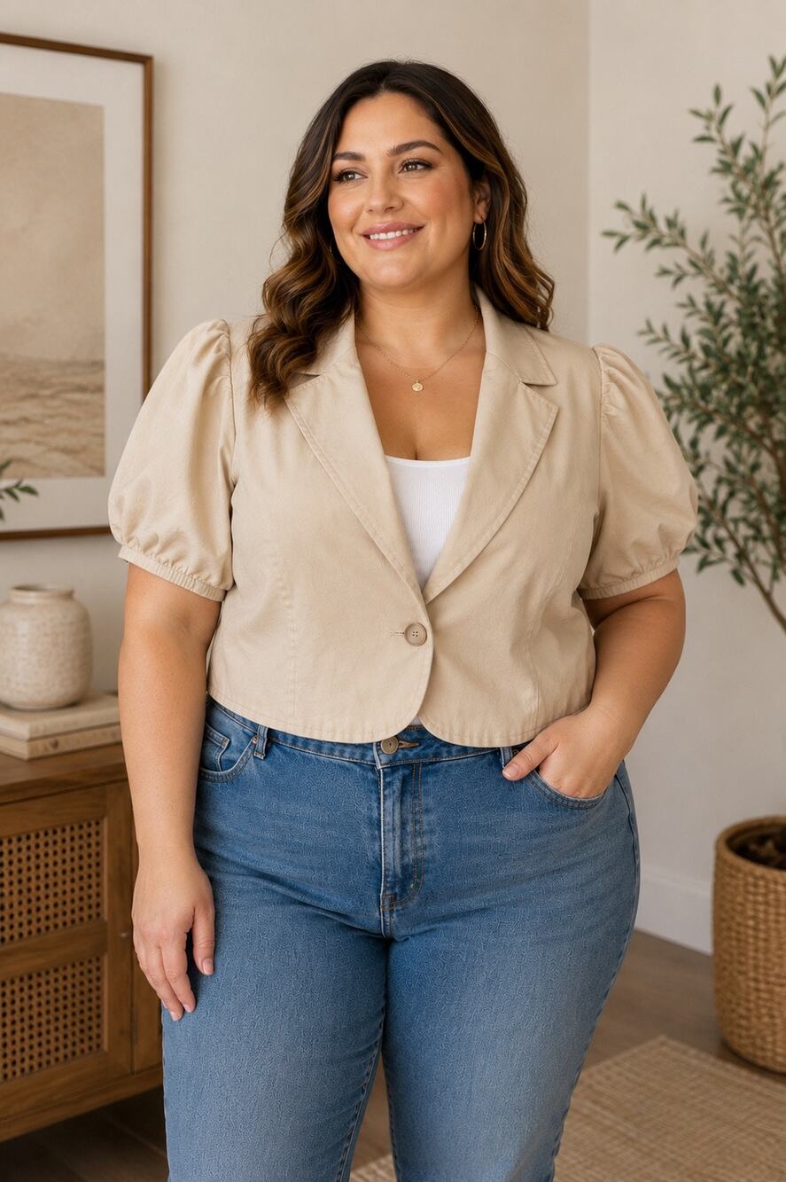 NWT Cato Plus Cropped Puff Sleeve Blazer Jacket Beige 18/20